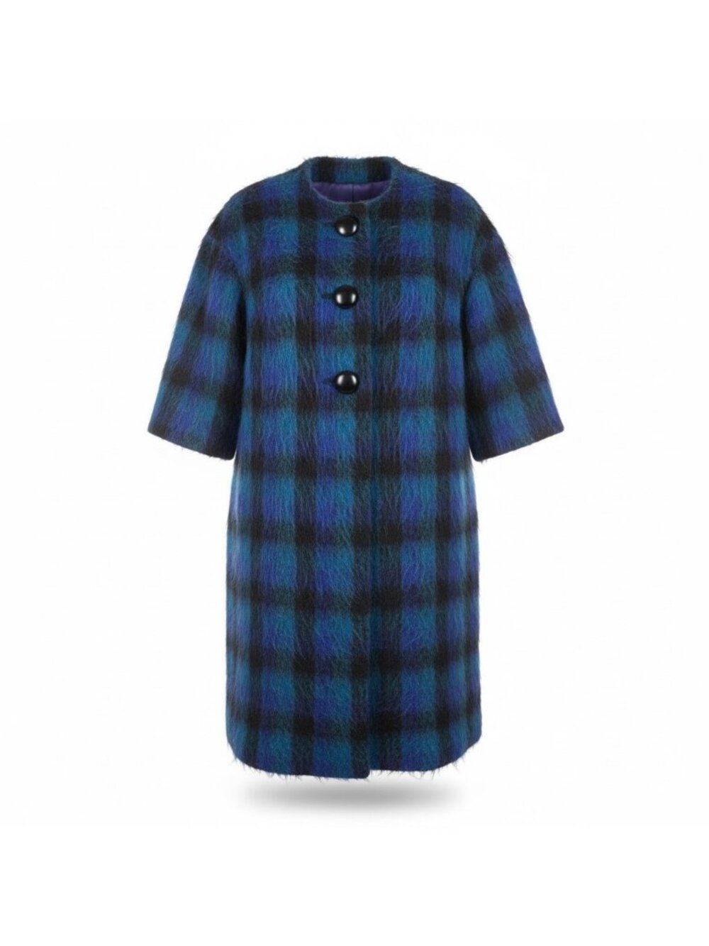 Plaid Womens Blue/Black Textured Wool Blend Three-Quarter Sleeve Coat